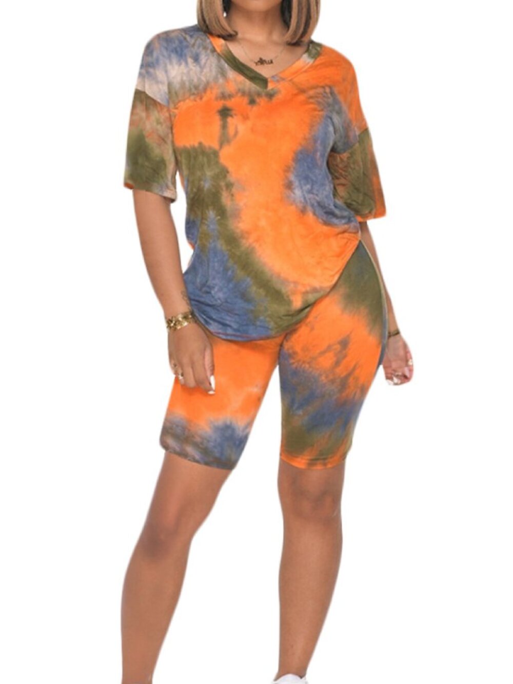 V-Neck Tie Dye Two Piece Set - T-Shirt & Biker Shorts